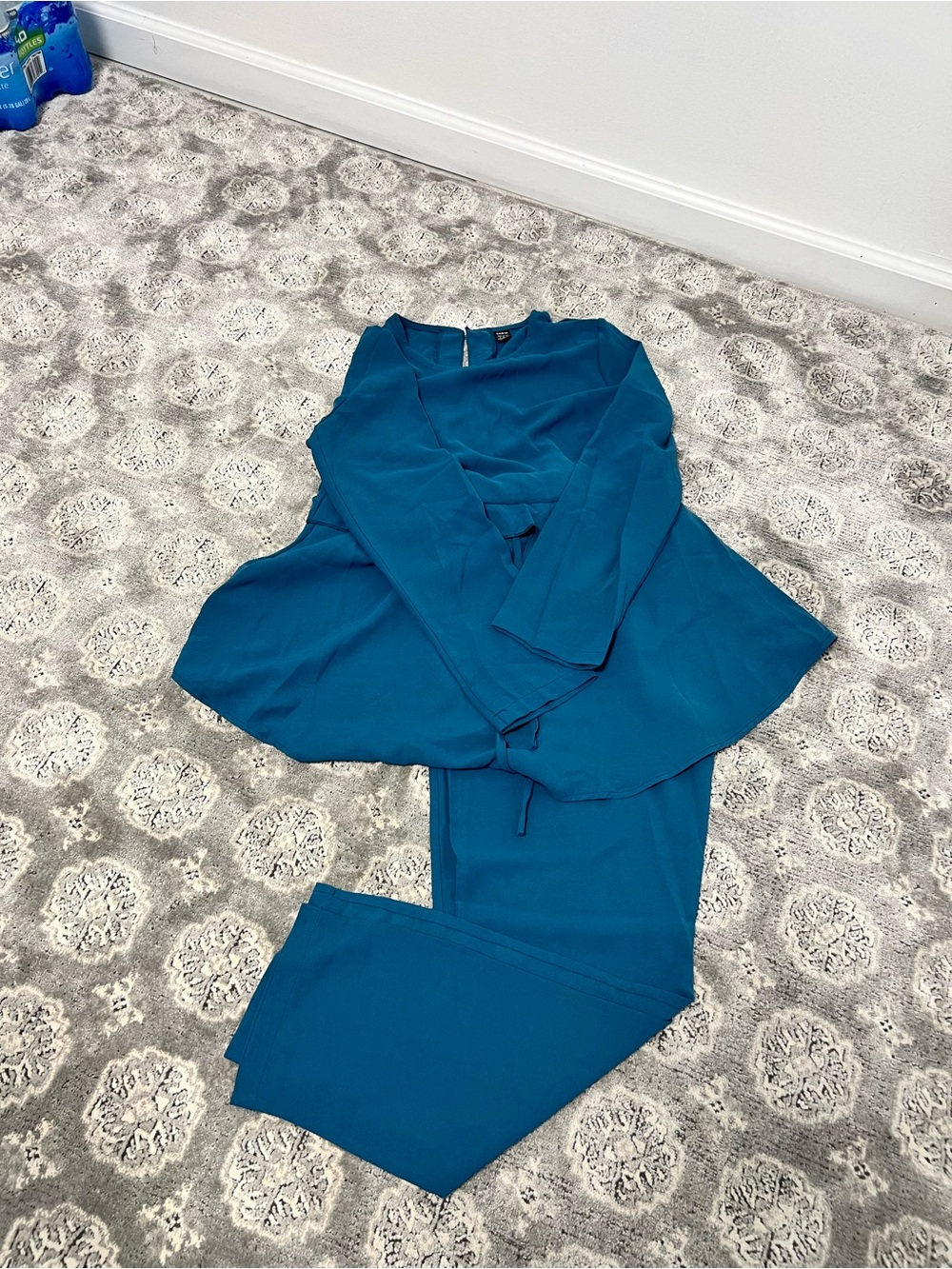 SHEIN Teal Blue Long Sleeve Jumpsuit with Drawstring Waist
